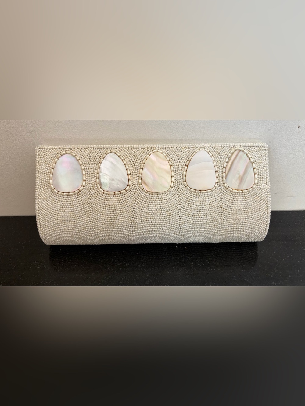 Bougainvillea Ivory Beaded Mother of Pearl Shell Clutch Evening Bag
